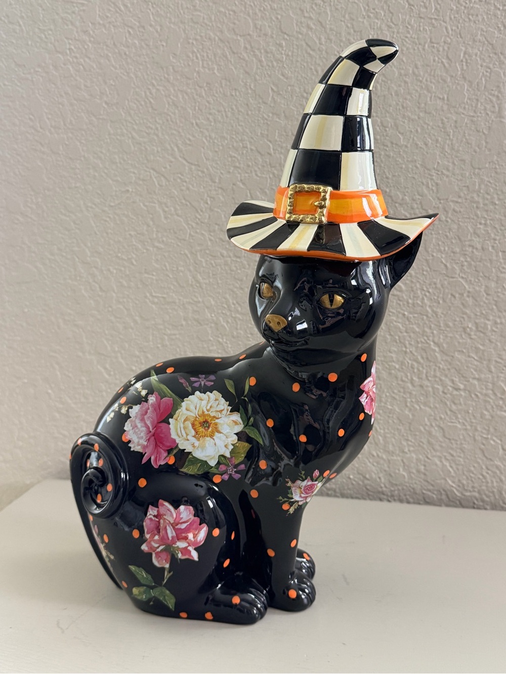 Mackenzie Childs Black Floral Halloween Cat Figurine Witch Hat Retired NWOB